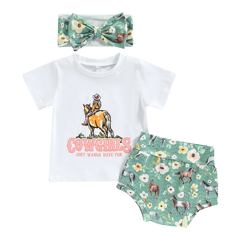 0-24M Baby Girls Summer Outfit Sets White Short Sleeve Tops Floral Cattle Print Shorts Headband