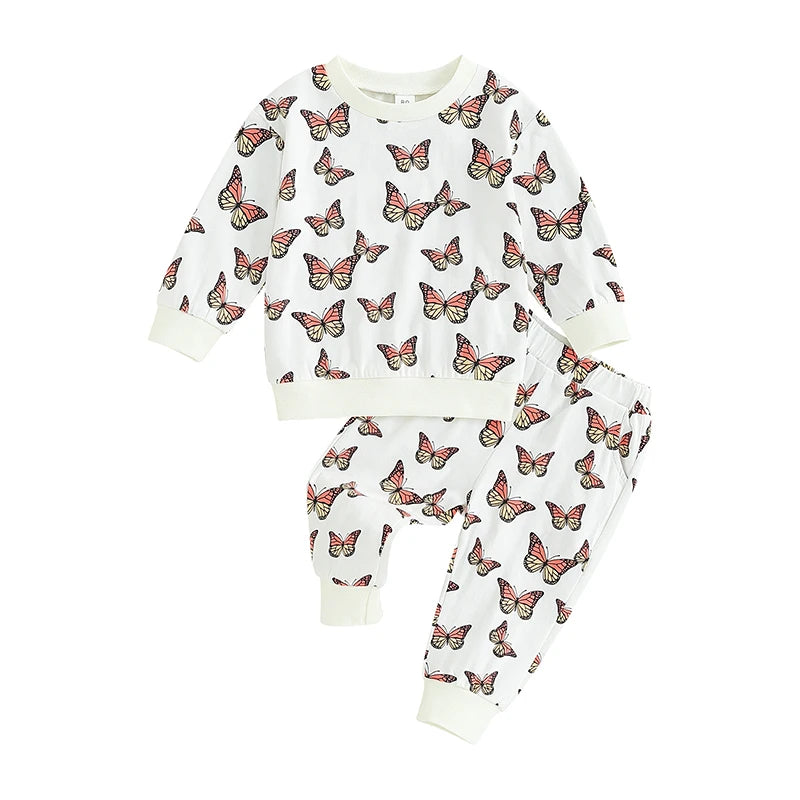 0-24M Toddler Girls Outfit Butterfly Print Long Sleeve Sweatshirt Elastic Pants 2PCS Baby Fall Clothes